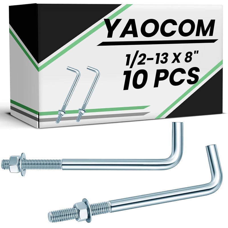 Yaocom 10 Pcs J Bolt Galvanized Anchor Bolts Galvanized Concrete Fastener Concrete Cement Post Anchor with Nuts and Washers for Foundation Wall Hardware Brick Projects, Gray(1/2-13 x 8) - Image 1